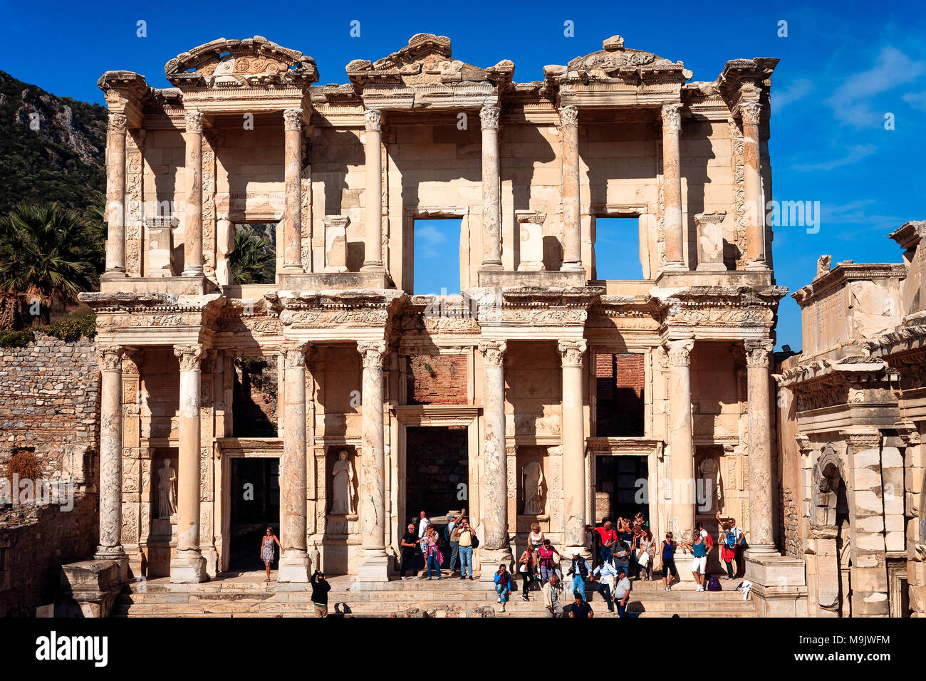 Front view of the Library of Celsus in Efes. EPHESUS, TURKEY - SEPTEMBER 30, 2014 Stock Photo