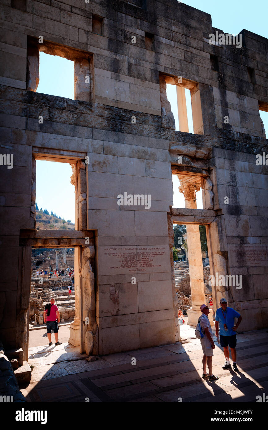 Inside the Library of Celsus in Efes. EPHESUS, TURKEY - SEPTEMBER 30, 2014 Stock Photo