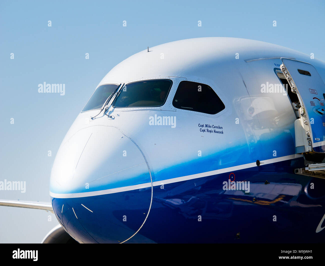 Dreamliner 787 Boeing airplane nose at International Aviation & Space Salon in Moscow MAKS, August 16 2011, Russia. Stock Photo