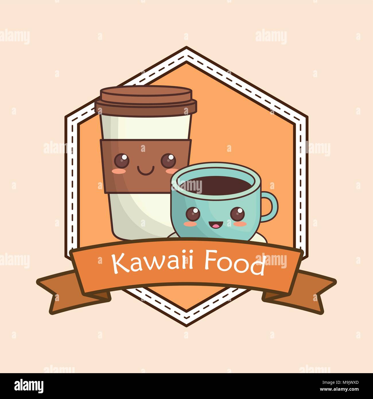 decorative frame and ribbon with kawaii coffee mug and cup over brown