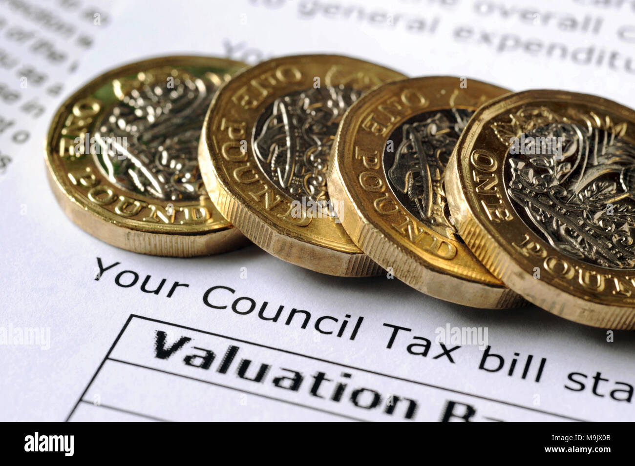 COUNCIL TAX BILL WITH NEW ONE POUND COINS RE HOUSING BANDS GOVERNMENT COUNCILS PRICE RISES HOUSEHOLD BUDGETS VALUES ETC UK Stock Photo