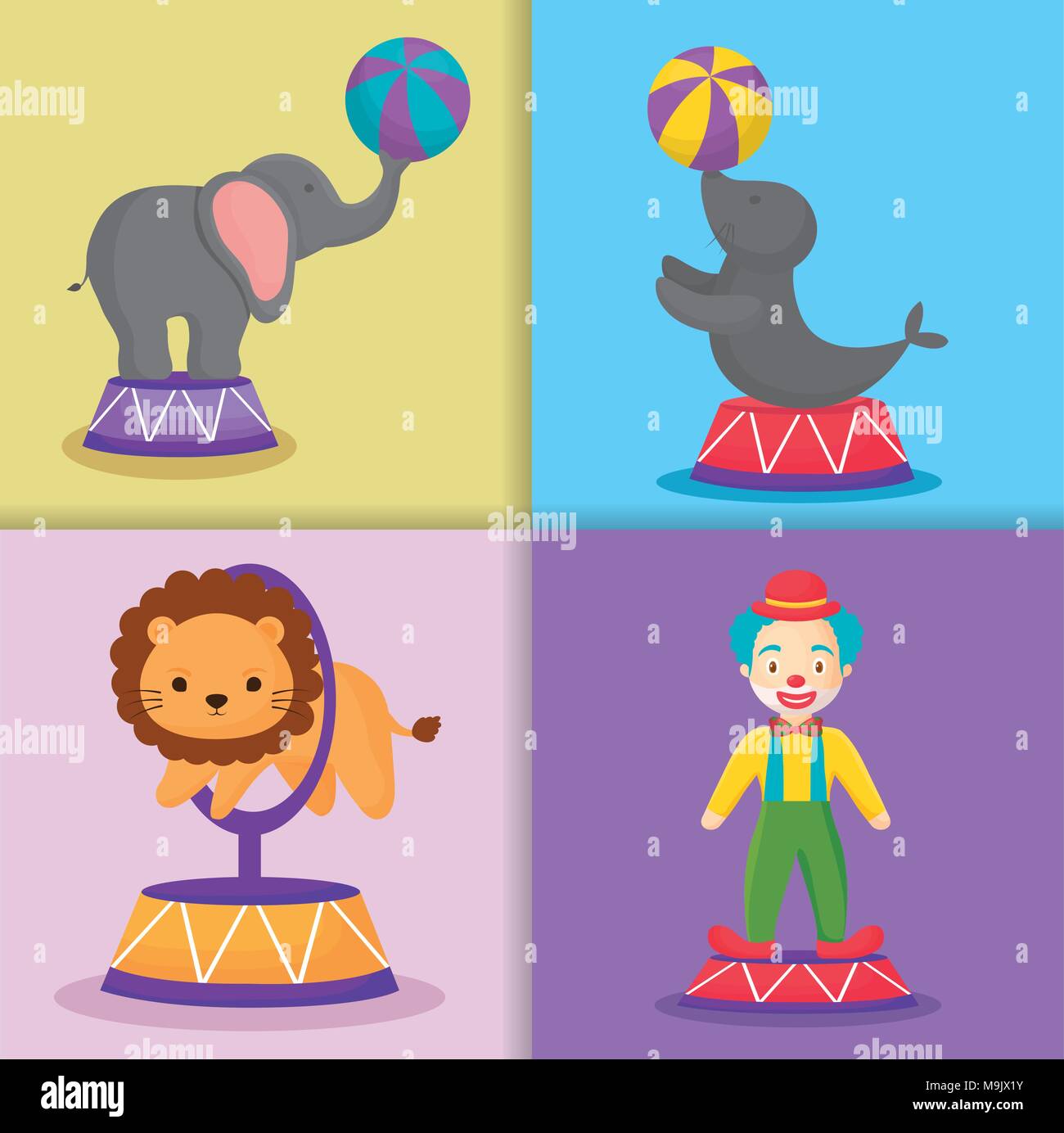 Icon set of circus animals and clown over colorful squares background ...