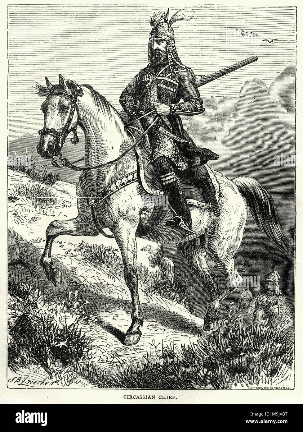 Engraving of Circassian warrior chief, 19th Century. The Circassians (Adyghe) a Northwest Caucasian ethnic group native to Circassia, many of whom were displaced in the course of the Russian conquest of the Caucasus in the 19th century Stock Photo