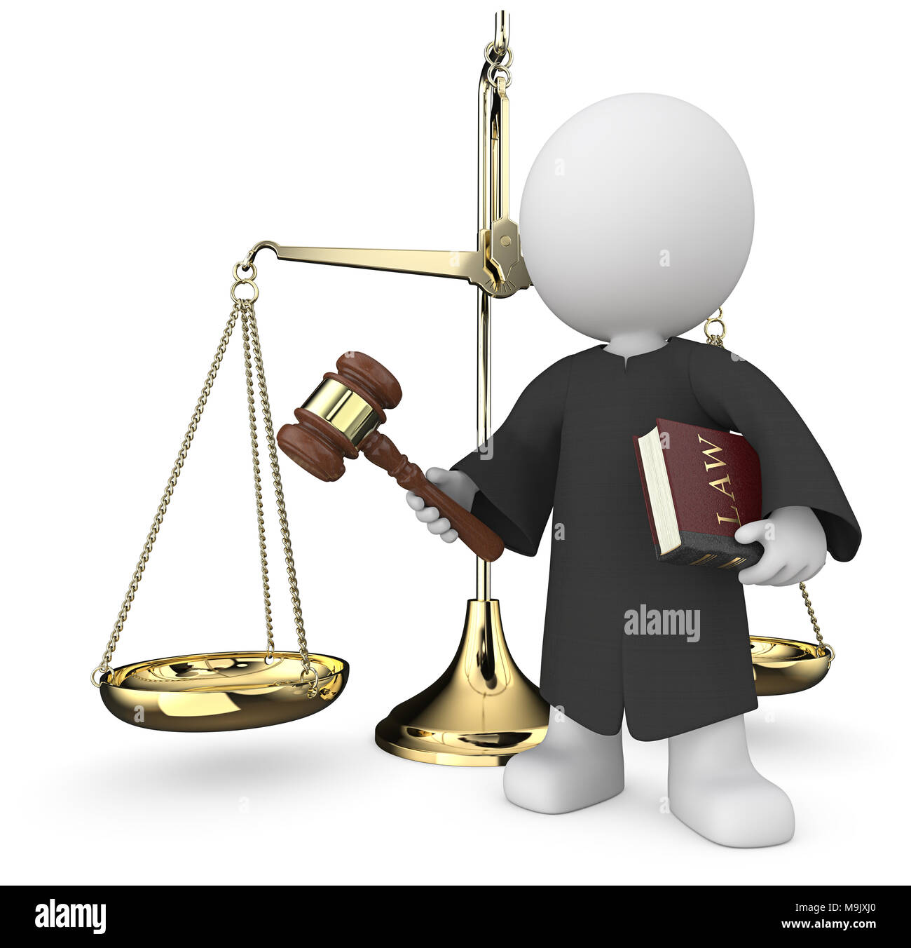 Dude 3D character the Judge holding Law book and hammer infront of the Scale of Justice. Stock Photo