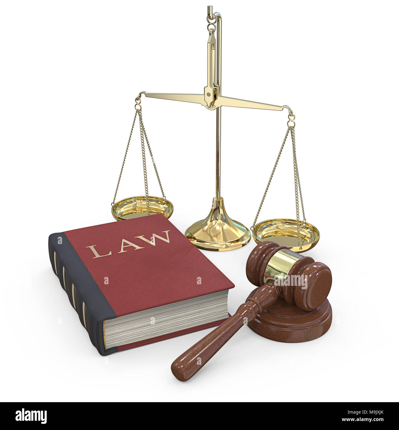 Classic set of Gavel hammer on sound block, Law book and a Scale of justice. 3D render. Stock Photo