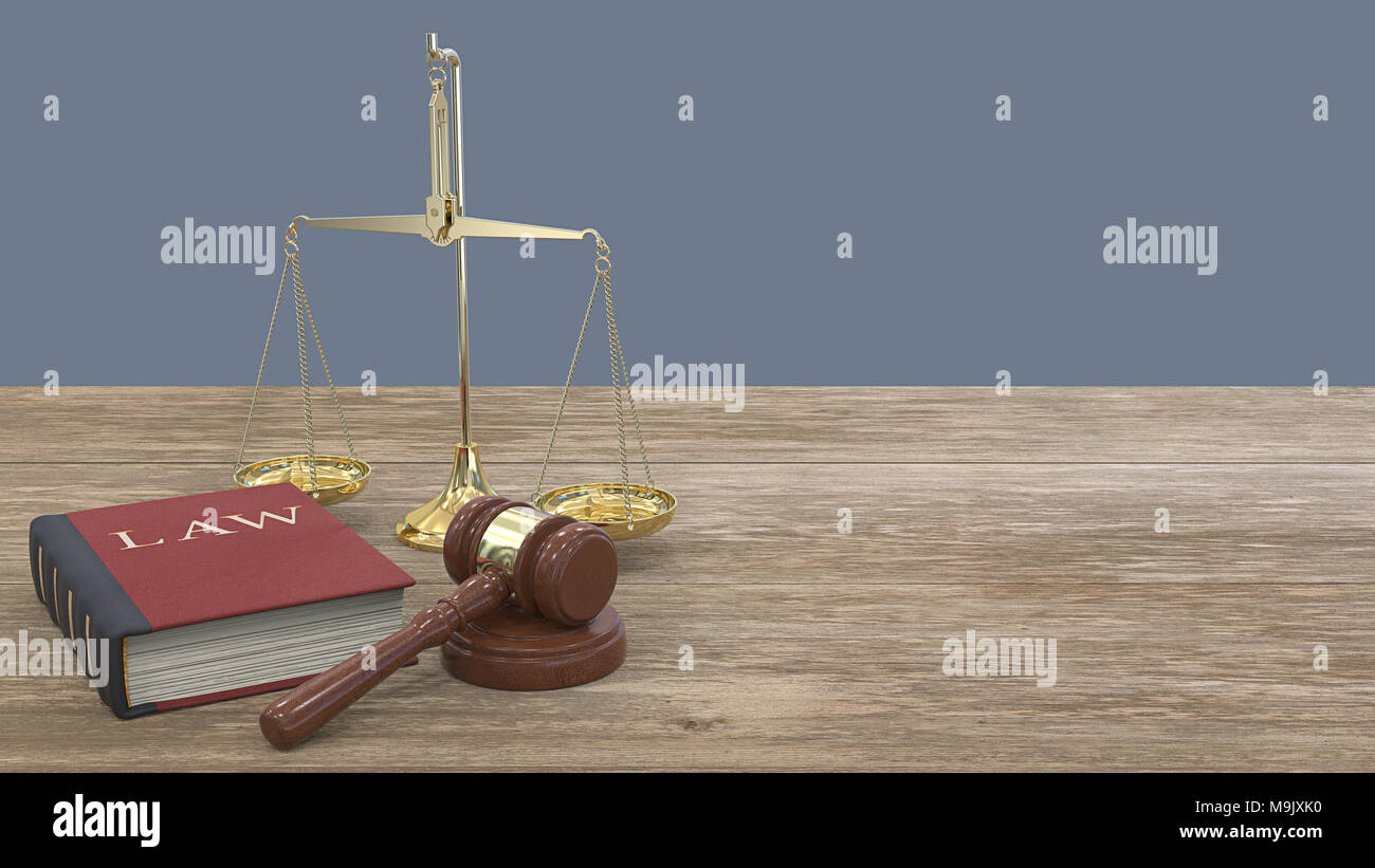 Panoramic view of Gavel hammer on sound block, Law book and a Scale of justice. Wooden desk. 3D render. Stock Photo