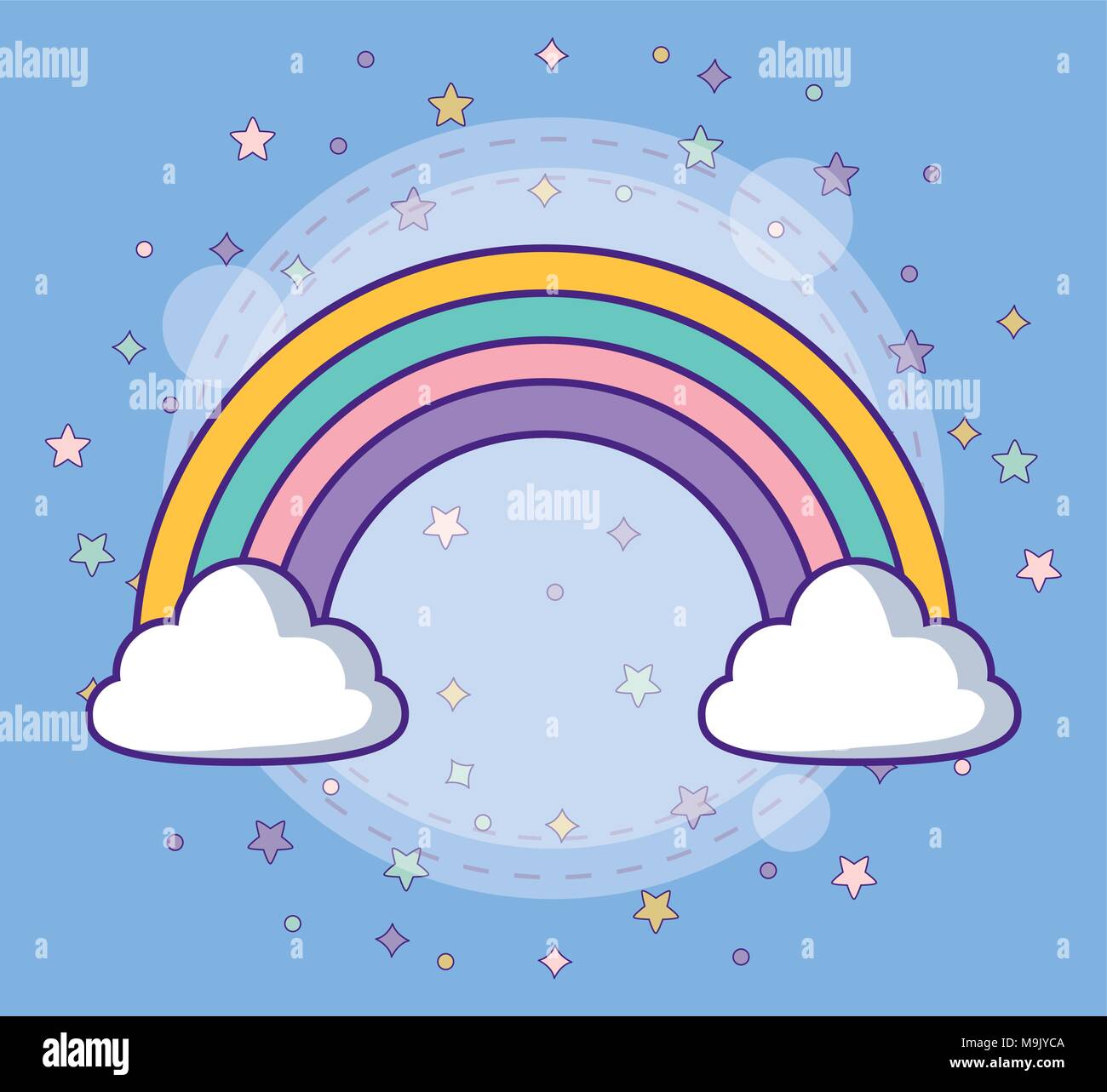 clouds and rainbow with colorful stars around over blue background ...