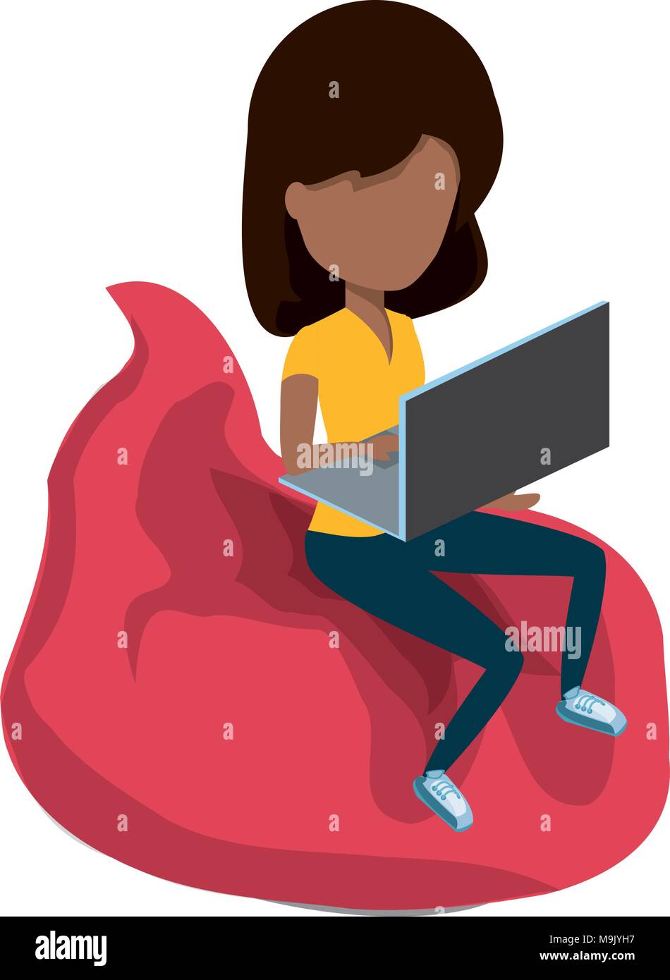 avatar woman sitting on a bean bag and using a laptop computer over ...