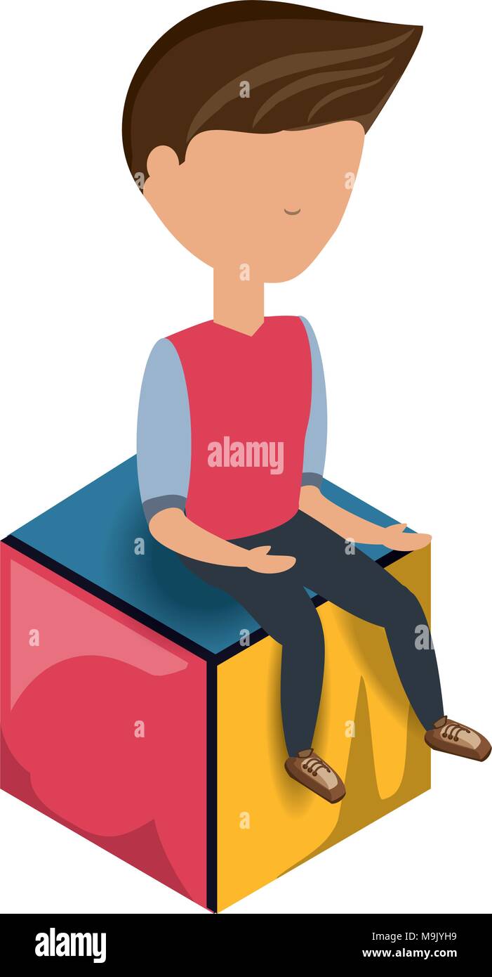 avatar young man sitting on a cube seat over white background, colorful ...