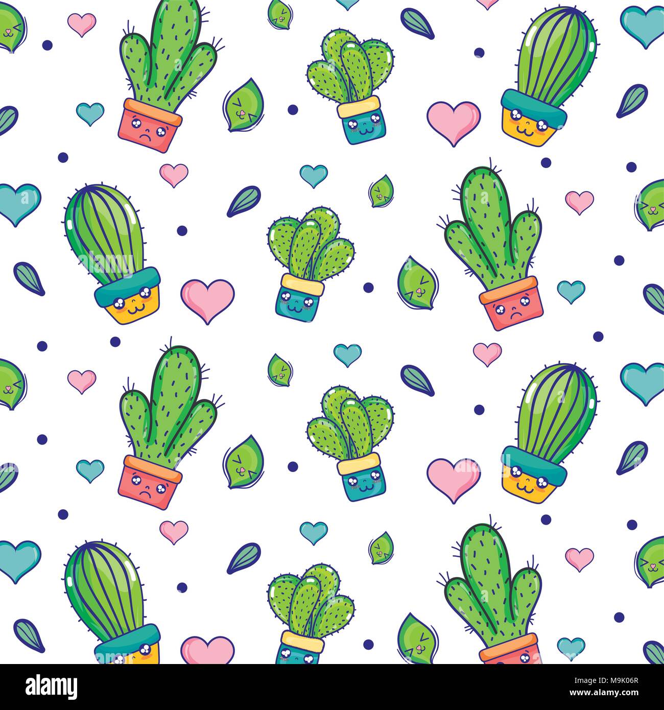 Kawaii Cactus Plant With Heart And Leaves Background Stock Vector Image Art Alamy