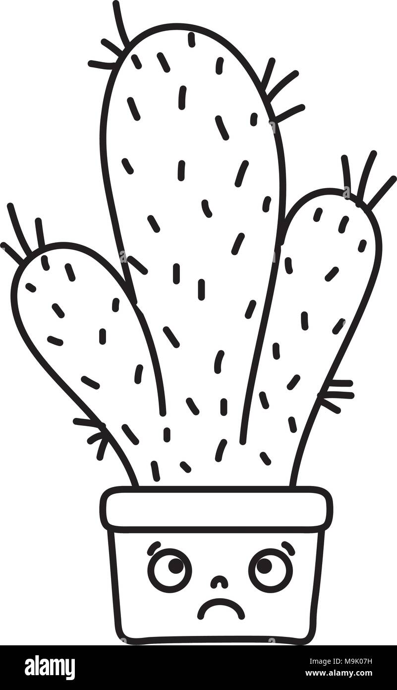 line kawaii sad cactus plant inside flowerpot Stock Vector Image & Art -  Alamy