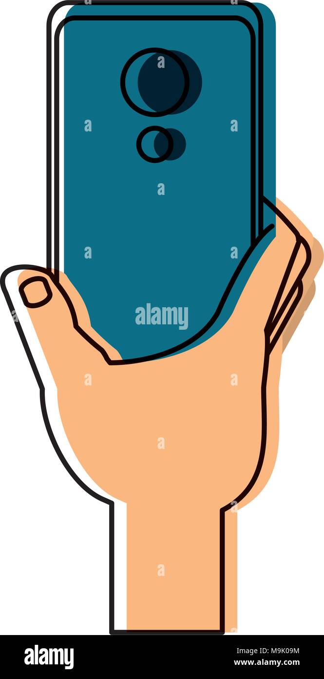 hand holding a smartphone device icon over white background, colorful ...