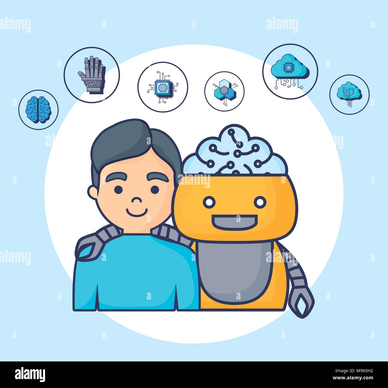 Artificial intelligence design with cartoon robot and man with related  icons around over white circle and blue background, colorful design vector  illustration Stock Vector Image & Art - Alamy