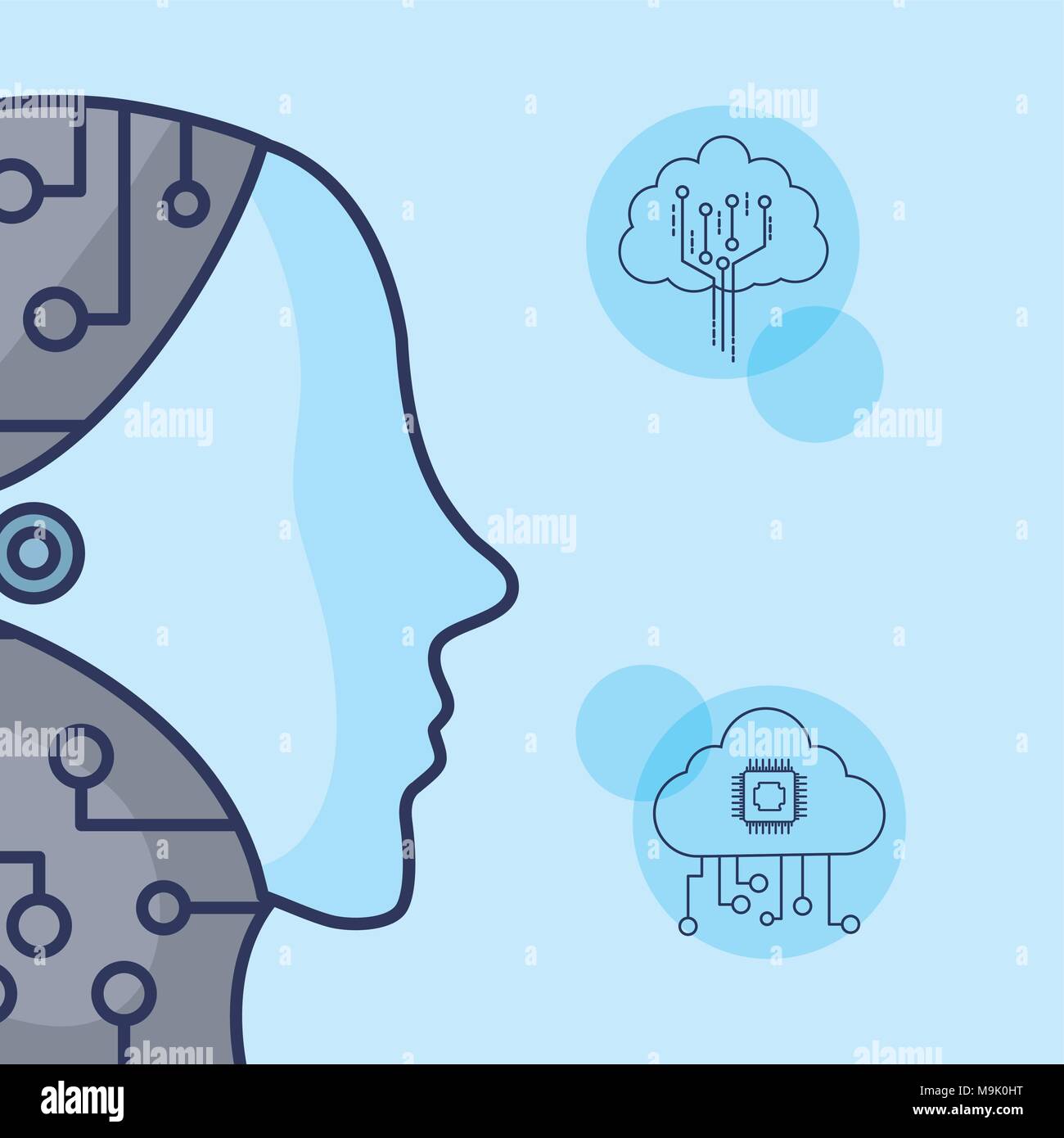 Artificial Intelligence design with robotic head and clouds over blue ...