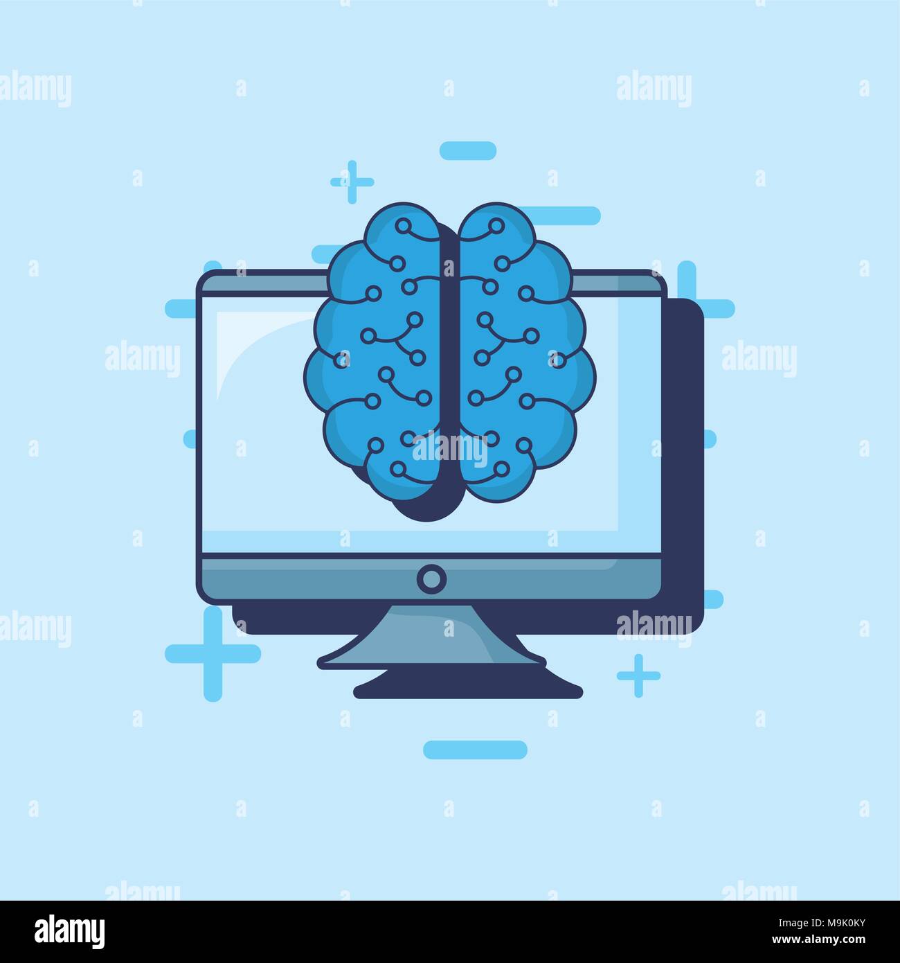 Computer with brain icon over blue background, colorful deign vector ...