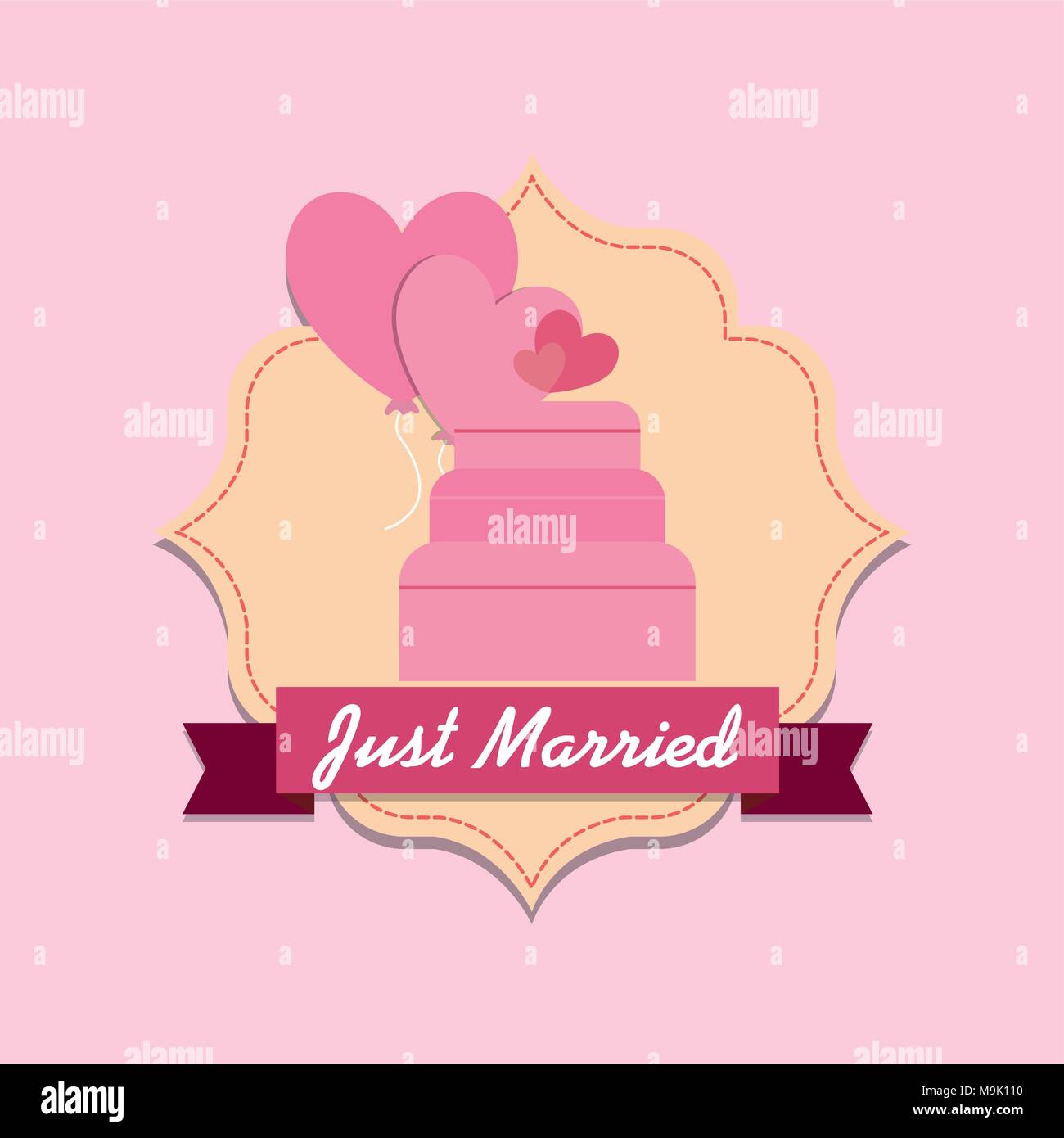 Just married design with decorative frame and weddign cake over pink