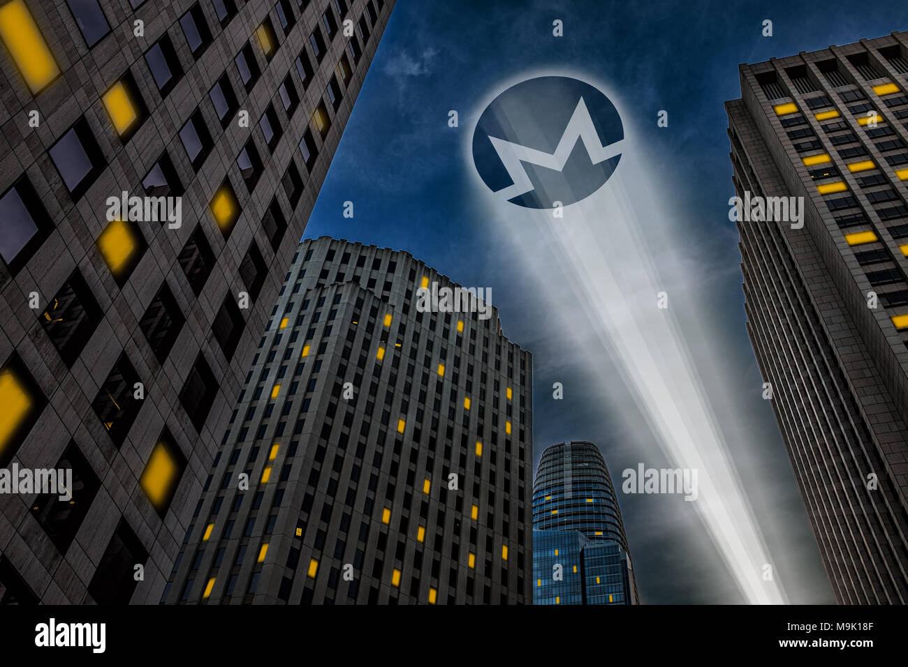 Monero cryptocurrency, anonymous payment open source privacy payment coin,  superhero concept visualization, beam of light projecting Monero symbol  Stock Photo - Alamy