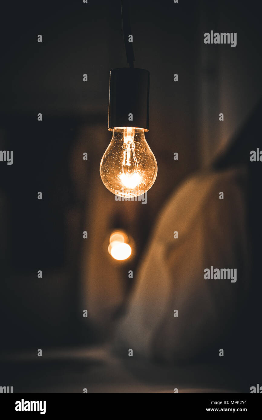 Vitange retro light in Dark blur Bed room. Stock Photo