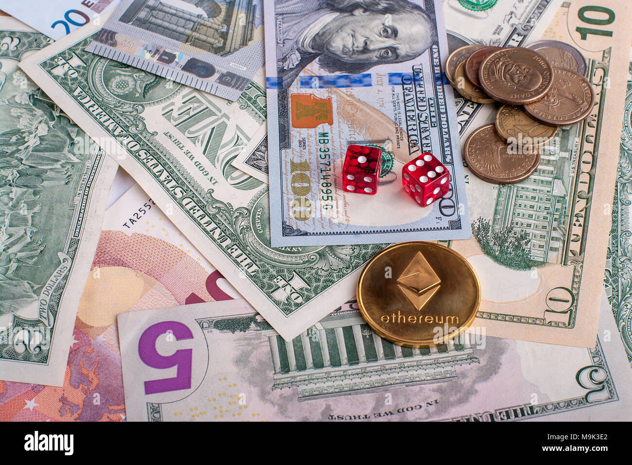 Ethereum coin lying on euro and dollar banknotes with red Dice. Concept  blockchain, cryptocurrencies, investment Stock Photo - Alamy