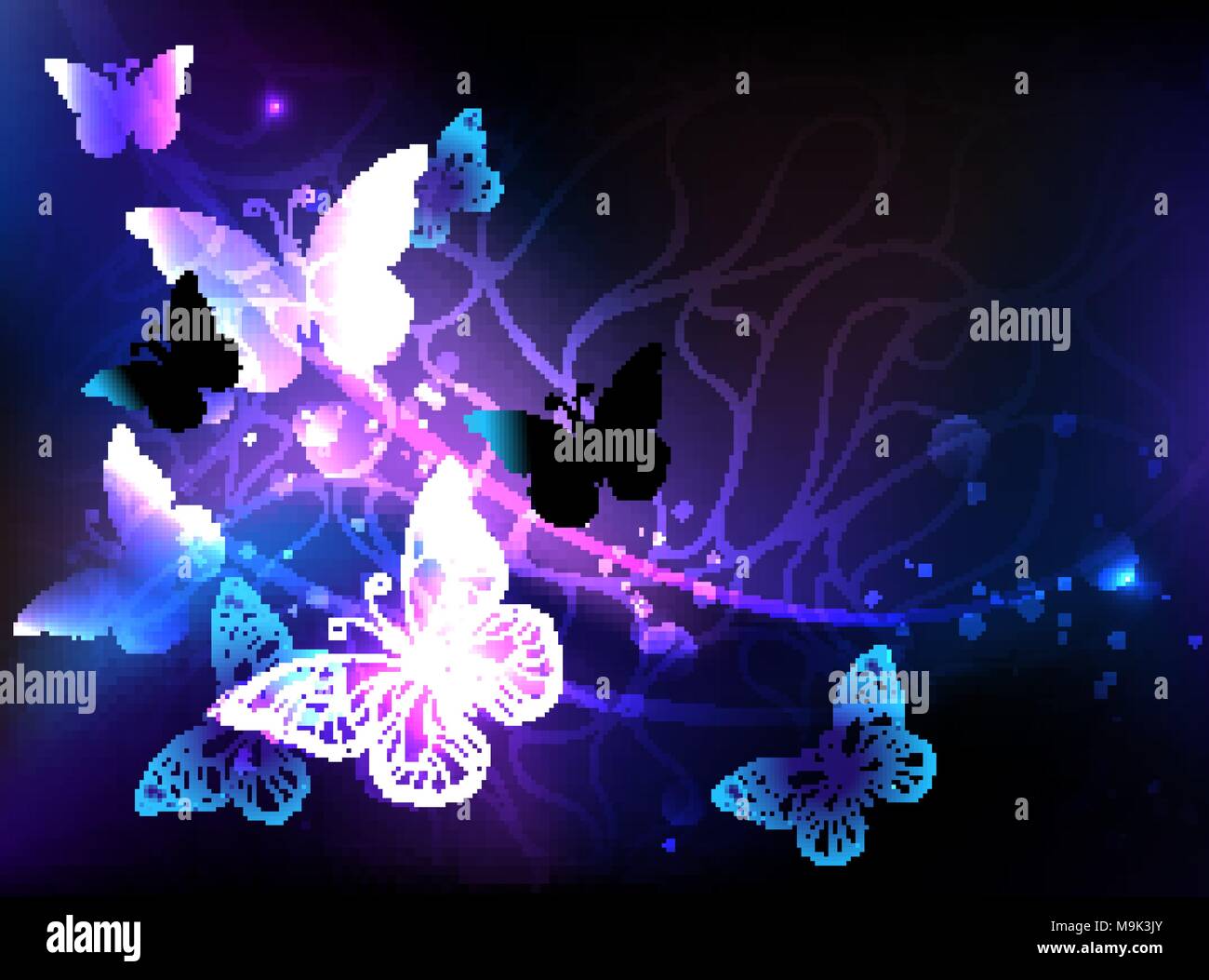 Black background with glowing night butterflies. Night butterflies. Design with butterflies. Stock Vector