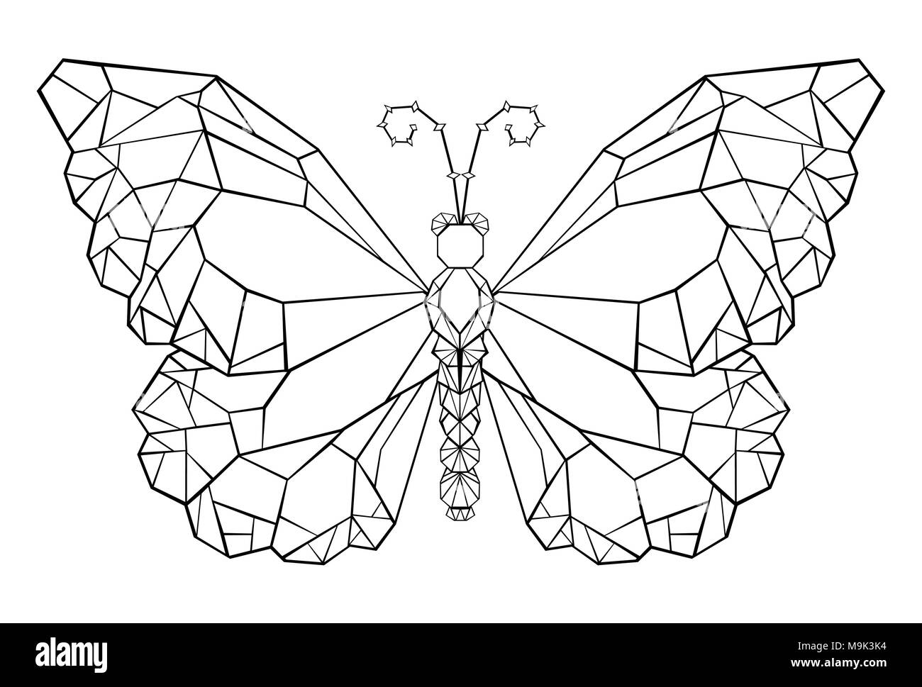 Polygonal butterfly monarch painted in black outline on white background. Butterfly Monarch. Polygonal graphics. Stock Vector