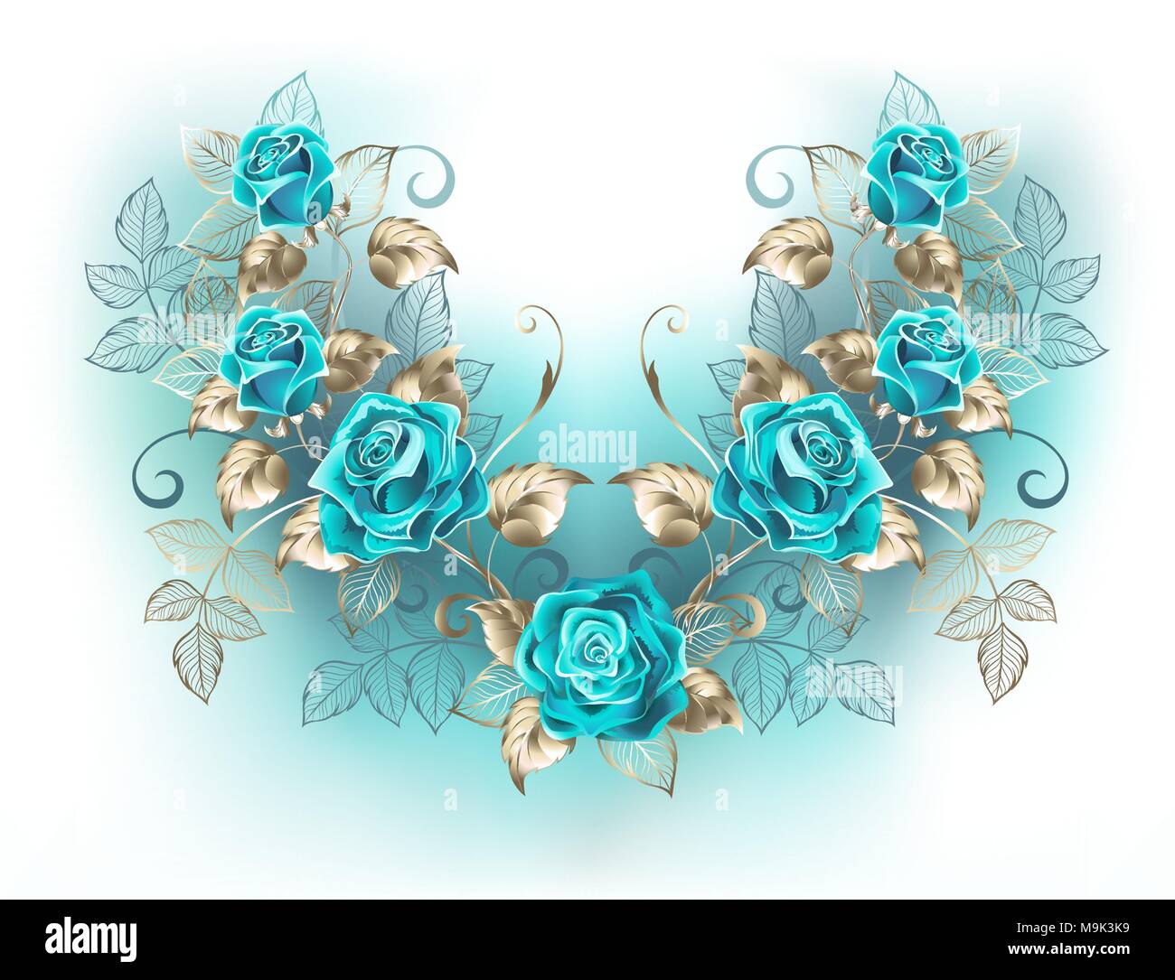 Symmetrical pattern of turquoise roses with golden stems and leaves on white background. Blue Tiffany. Fashionable color. Turquoise rose. Stock Vector