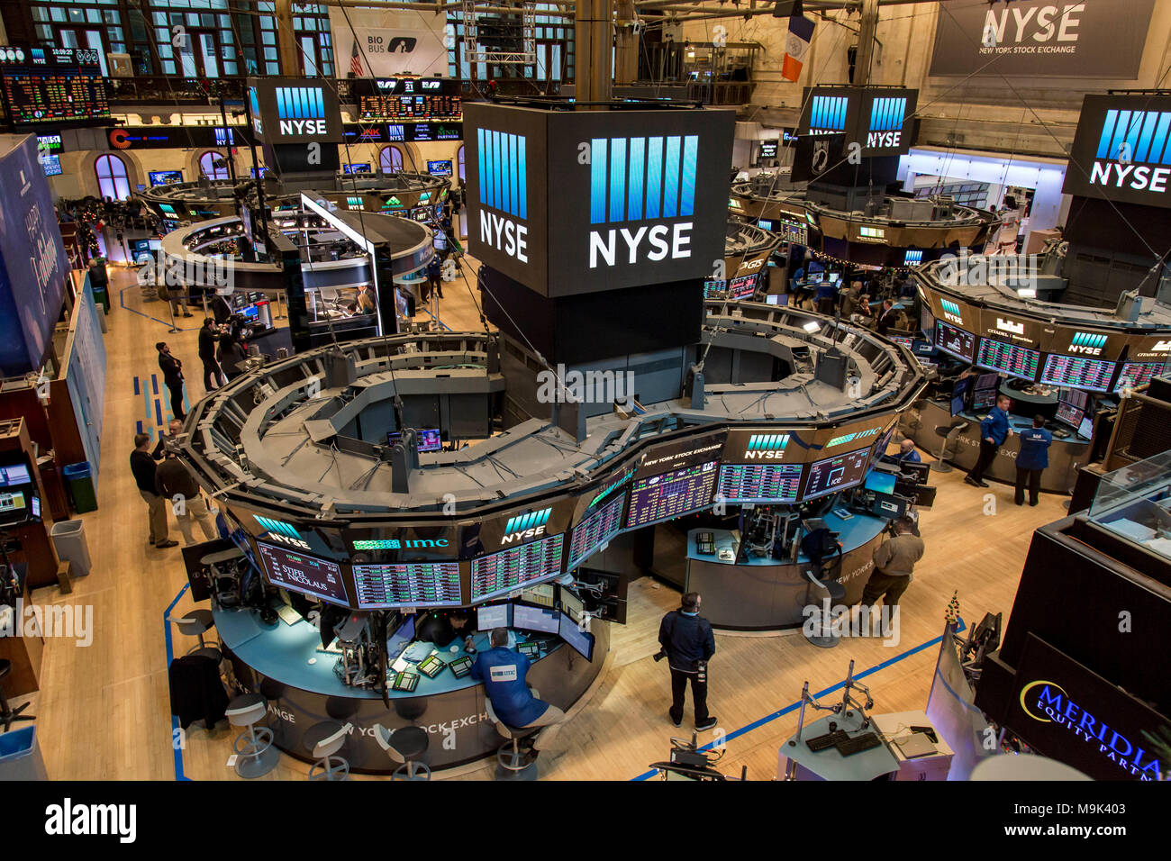 A birds-eye view of the New York Stock Exchange trading floor. Stock Photo