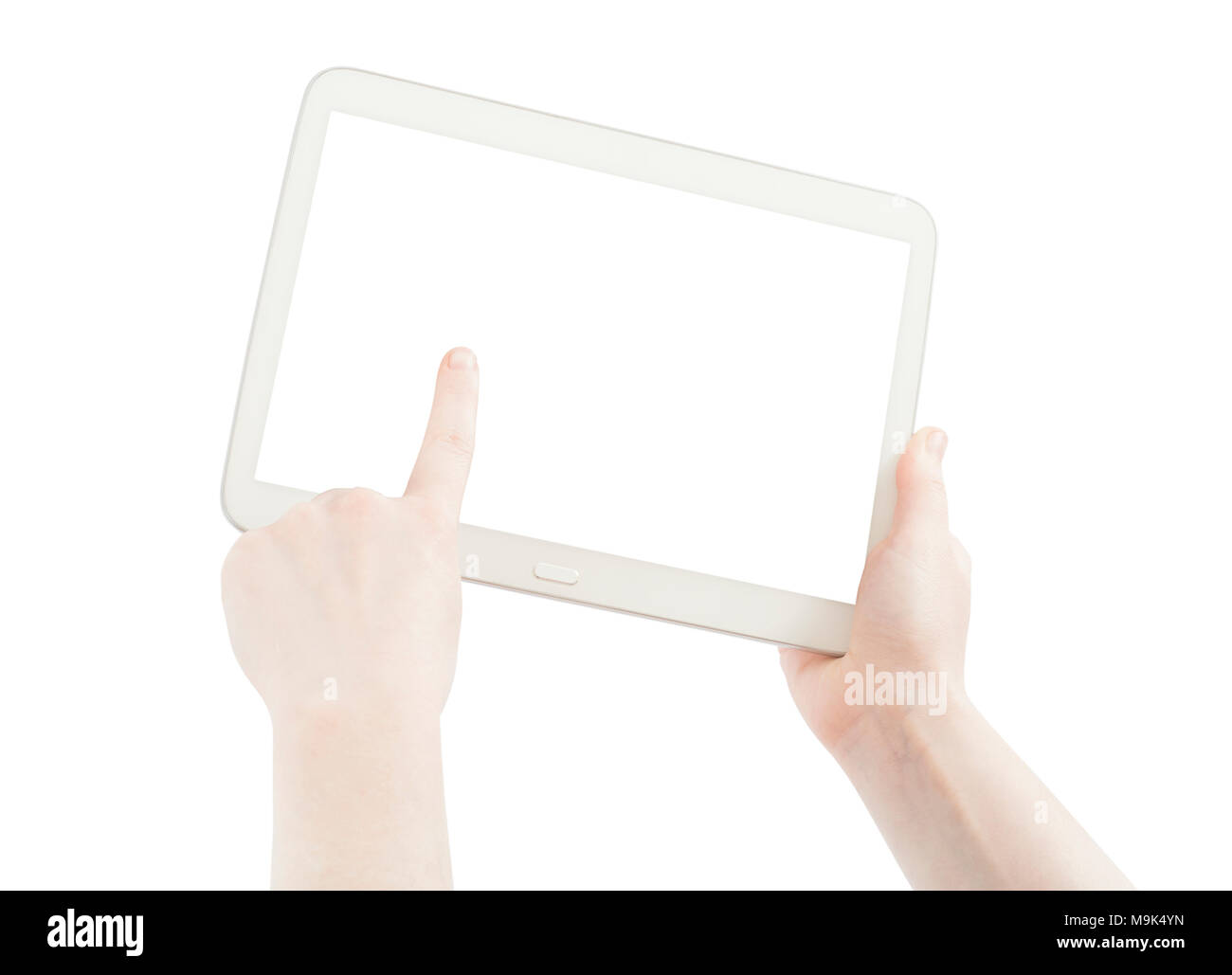 hands holding pc tablet isolated on white Stock Photo - Alamy