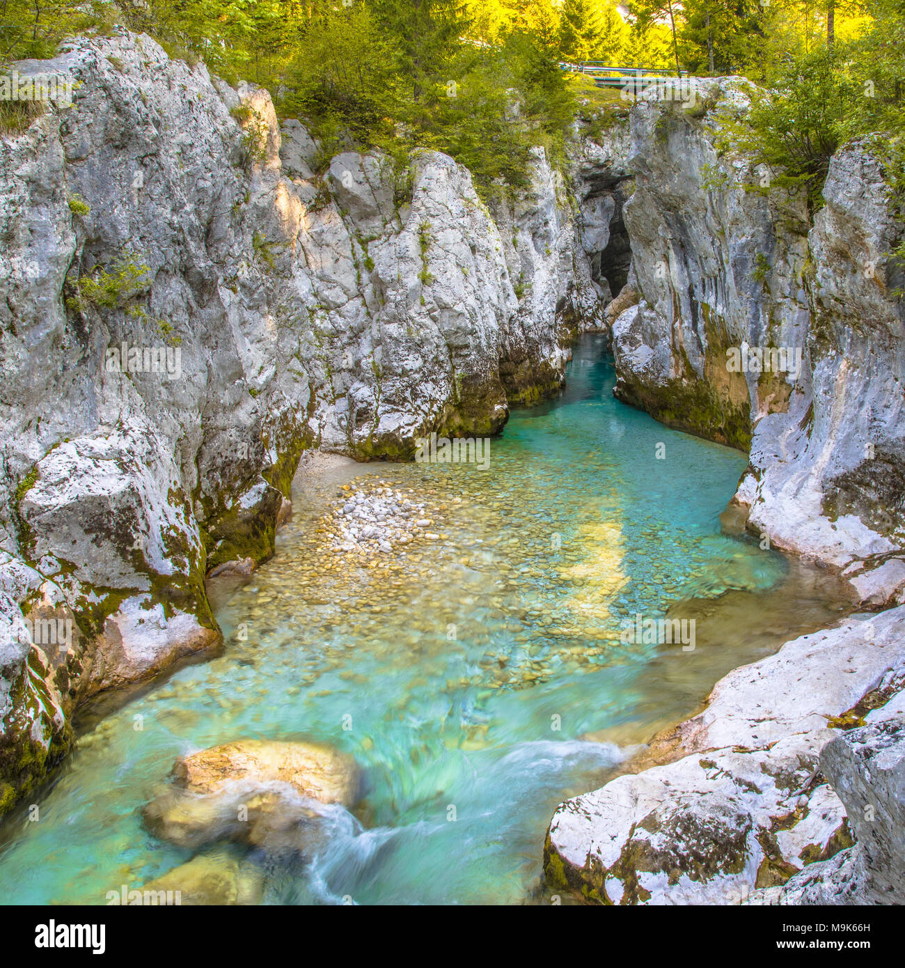 Vivid blue Soca river landscape near Bovec in Triglav National Park, Julian Alps, Slovenia Europe Stock Photo
