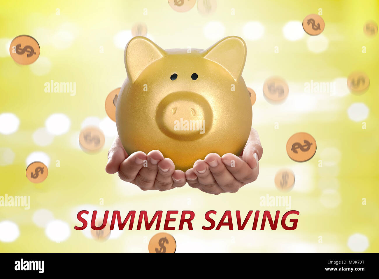 People hands holding piggy bank. Summer saving concept Stock Photo