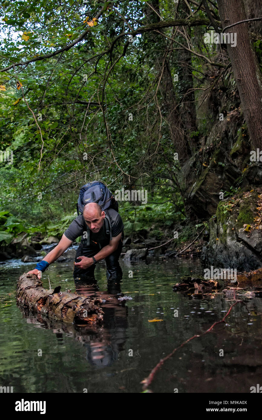 A man is collecting wood logs in the river in order to build an improvised raft. Concept of creativity, determination and motivation when surviving in Stock Photo