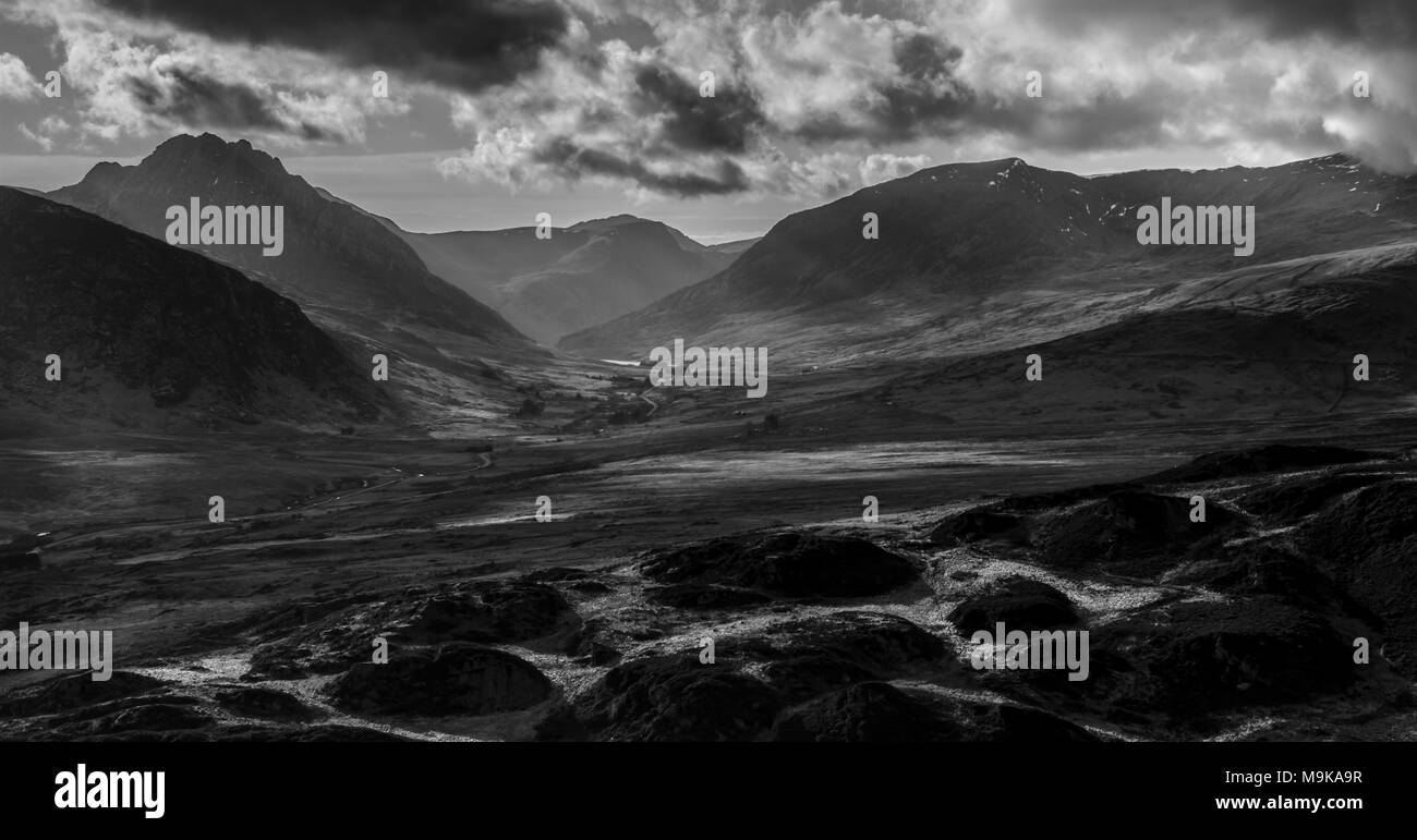 Snowdon Horseshoe and Ogwen Valley from the summit of Crimpiau, Capel Curig, Wales Stock Photo