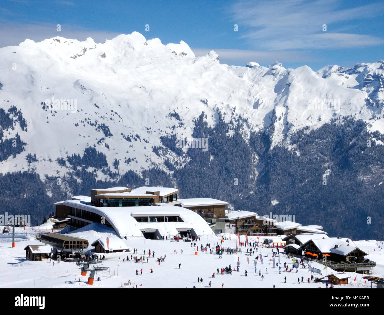 General view of the Club Med ski resort hotel at the Plateau des Saix in Samoens in the Grand Massif in the French Alps Stock Photo