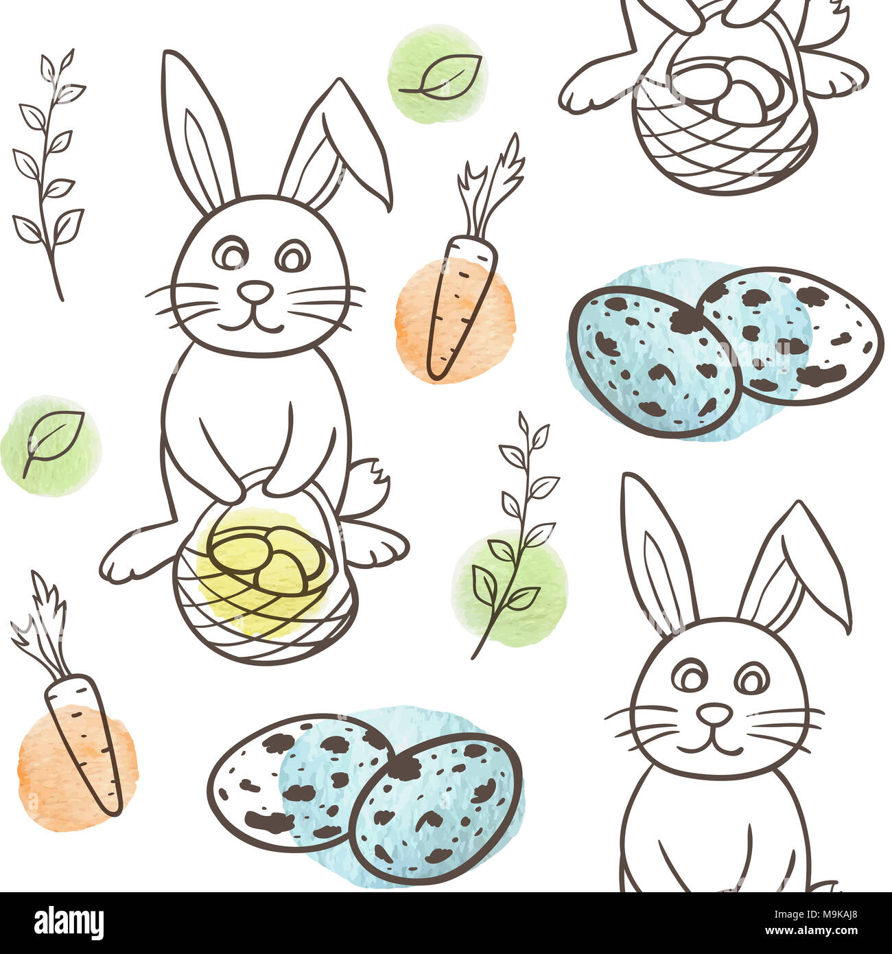 Hand drawn doodle Easter seamless pattern with rabbit and eggs on a ...