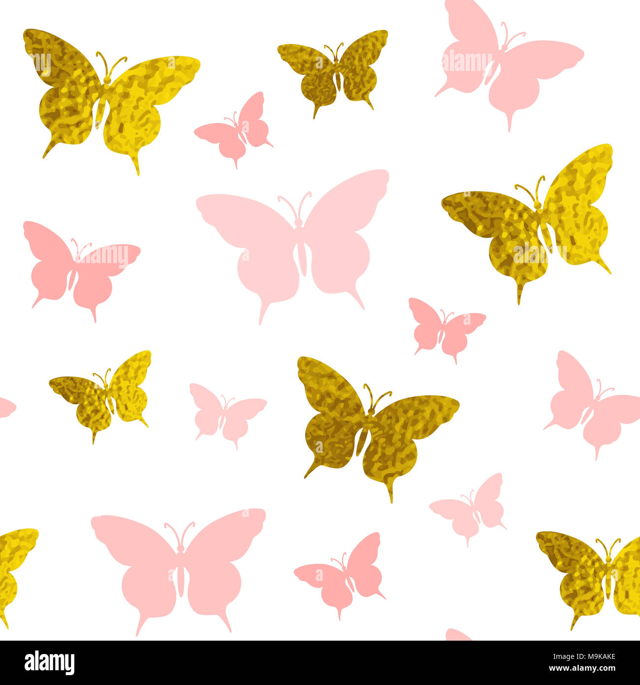 Decorative seamless pattern with pink and golden butterflies on a white ...