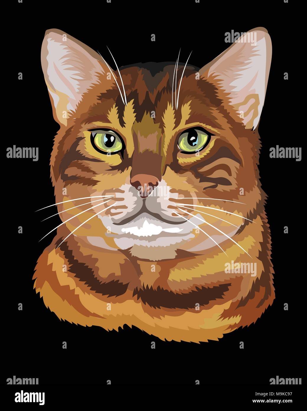 Vector outline colorful portrait of tabby curious Colored Bengal Cat in black, orange and brown colors. Illustration isolated on black background Stock Vector