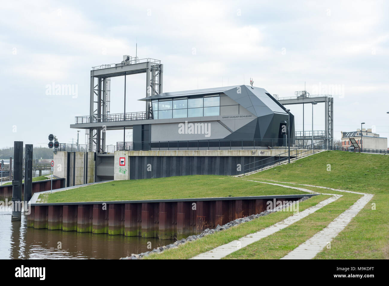 Hamburg, Germany - March 18, 2014: Ernst-August-Lock connects the Elbe River and Ernst-August-Canal. Stock Photo