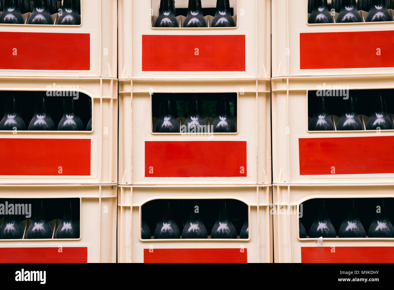 Beer bottles in plastic box Stock Photo