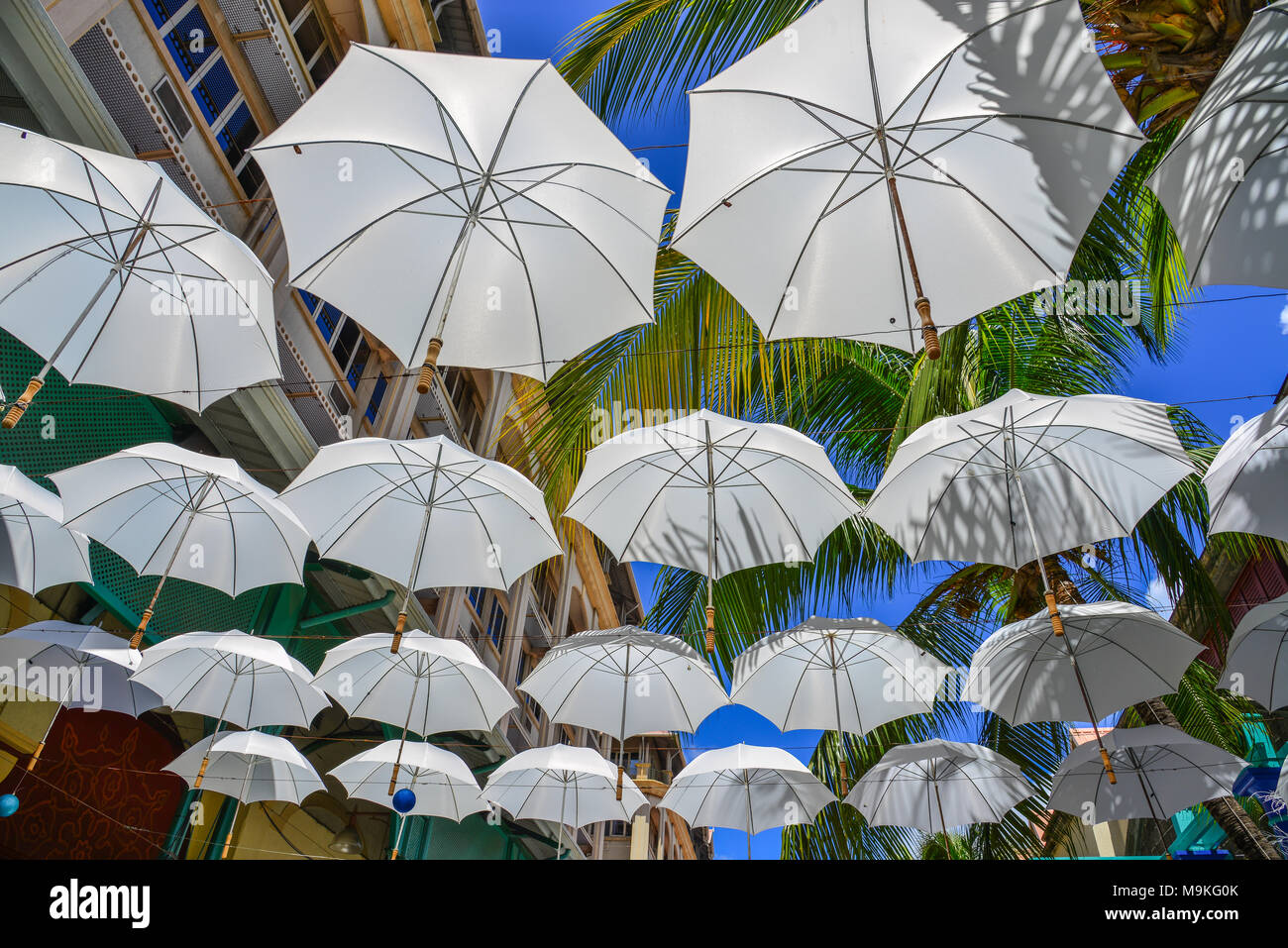 Hanging umbrellas for decoration at old town in Port Louis, Mauritius