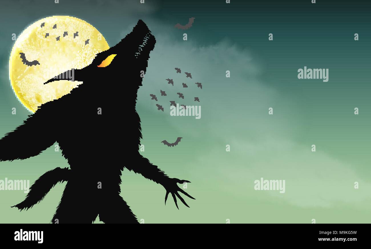 werewolf howling on green spooky night background Stock Vector
