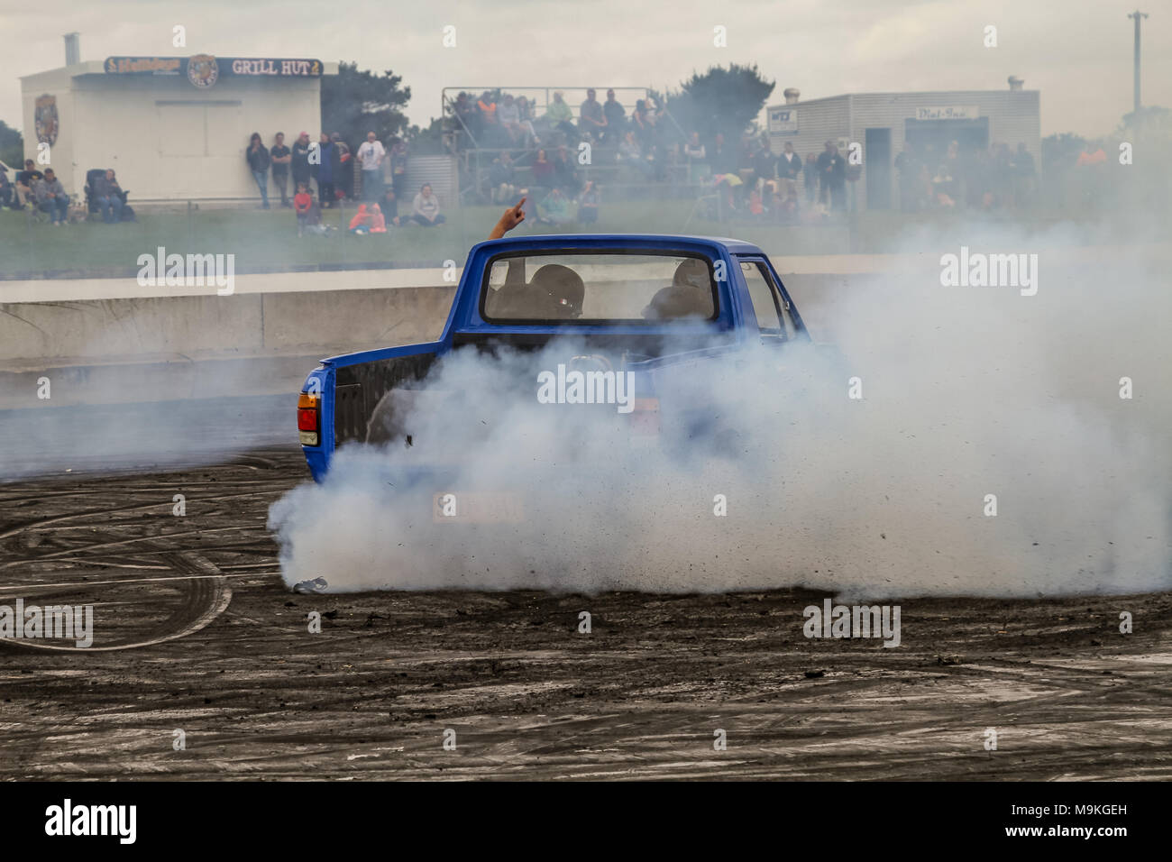 All the tyre frying action from the  Burnout Competition from Southcoast raceway Portland Victoria Australia Stock Photo