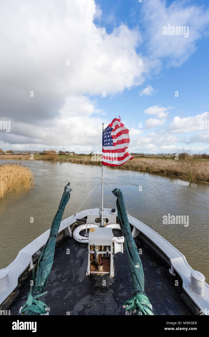 England, Sandwich. P22 US Navy patrol boat on River. Bows of boat and