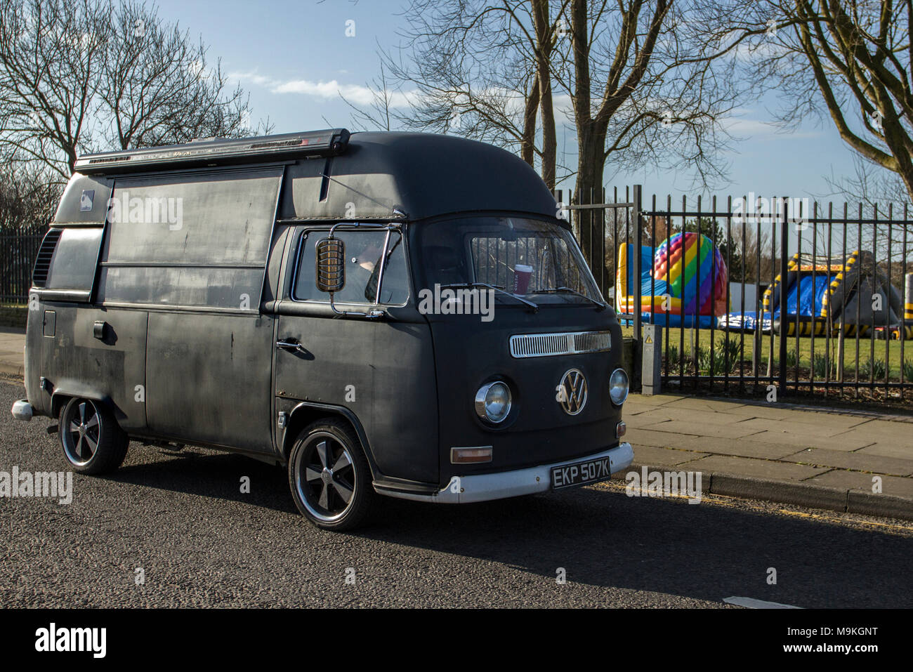 1972 70s black 1584cc petrol Type 2 VW Volkswagen Camper van, autohome, Campervan, 70s camper window van, Campervans, motorhomes arrive in the coastal resort Stock Photo - Alamy