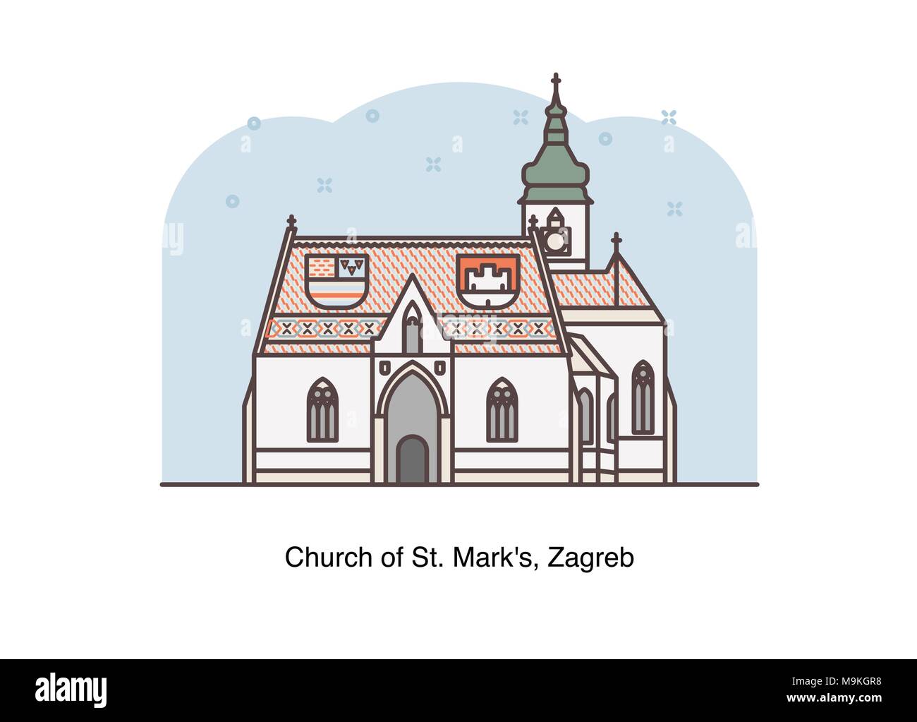 Vector line illustration of St. Mark's Church, Zagreb, Croatia. Stock Vector