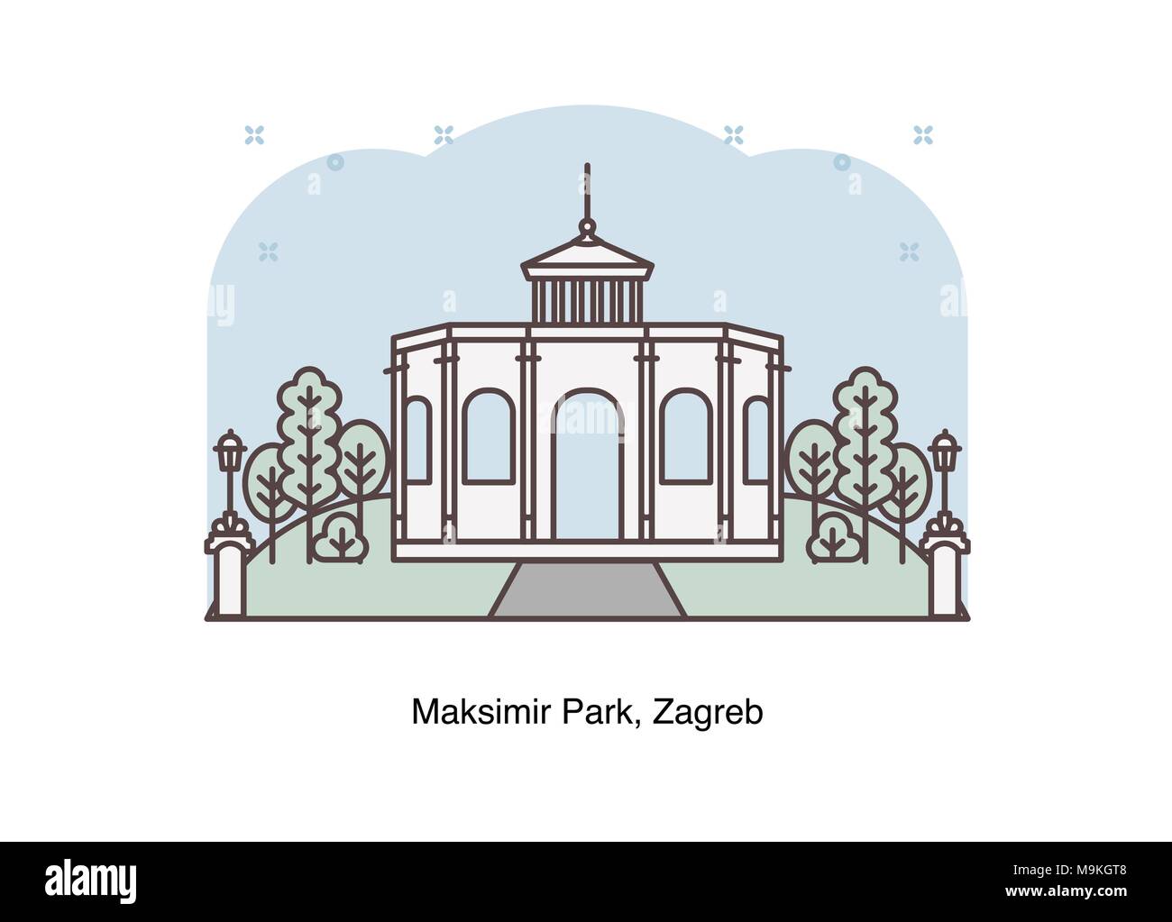 Vector line illustration of Maksimir Park, Zagreb, Croatia. Stock Vector