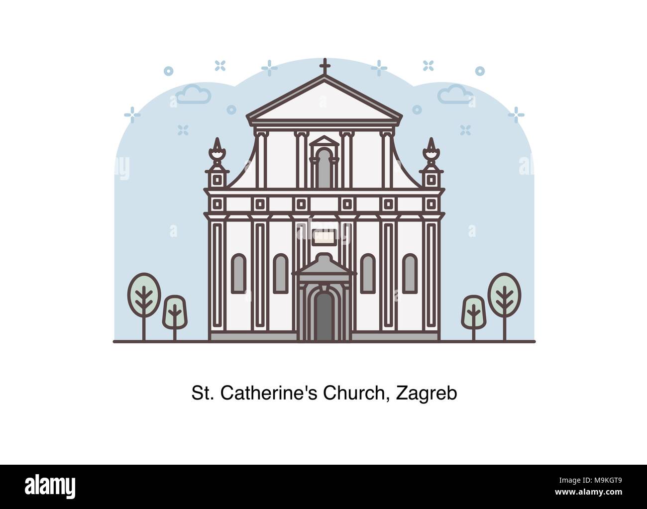 Vector line illustration of St. Catherine's Church, Zagreb, Croatia. Stock Vector