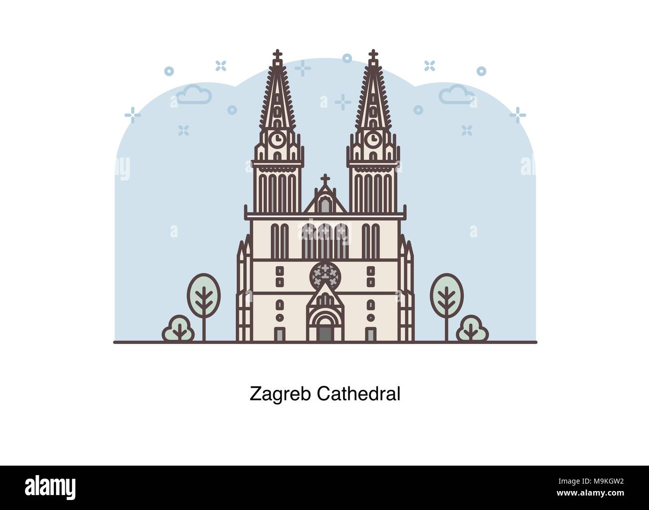 Vector line illustration of Zagreb Cathedral, Zagreb, Croatia. Stock Vector