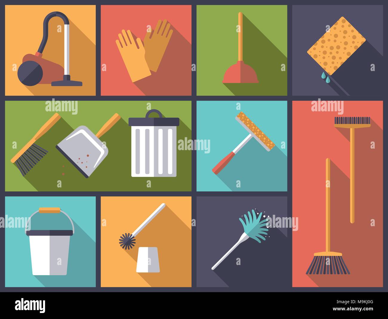 Horizontal flat design long shadow illustration with housework and cleaning symbols Stock Vector