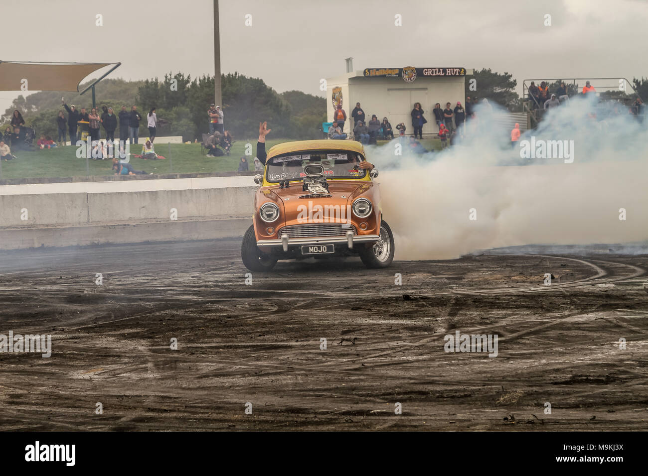 All the tyre frying action from the  Burnout Competition from Southcoast raceway Portland Victoria Australia Stock Photo