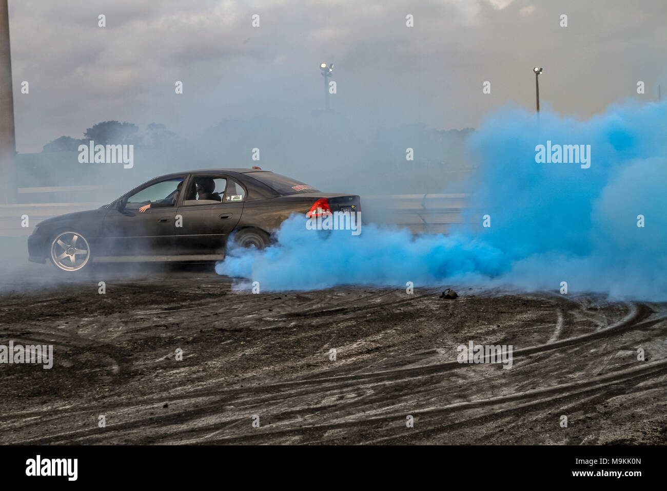 All the tyre frying action from the  Burnout Competition from Southcoast raceway Portland Victoria Australia Stock Photo